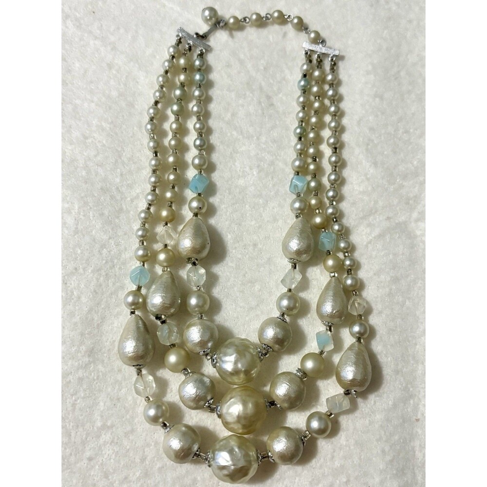 Vintage Japan Triple Strand Faux Pearl Baroque White Blue Statement Necklace